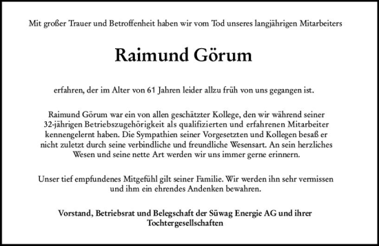 Traueranzeige von Raimund Görum von Wiesbadener Kurier