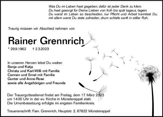Traueranzeige von Rainer Grennrich von Allgemeine Zeitung Alzey