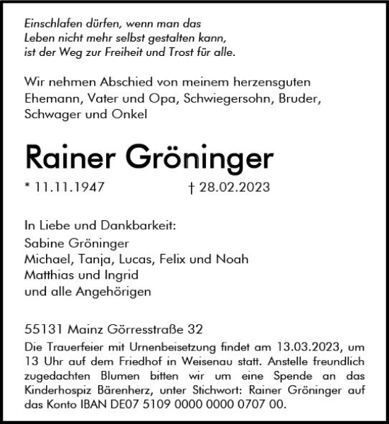 Traueranzeige von Rainer Gröninger von Allgemeine Zeitung Mainz