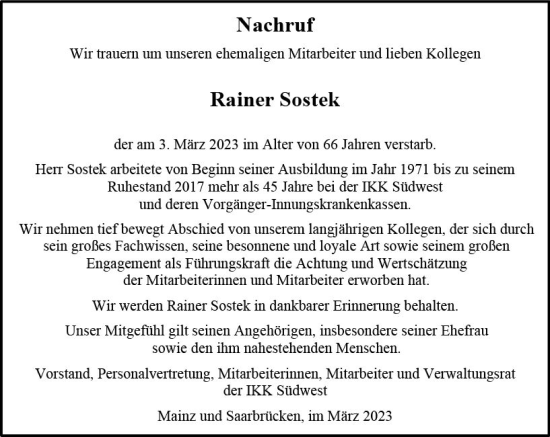Traueranzeige von Rainer Sostek von Allgemeine Zeitung Mainz