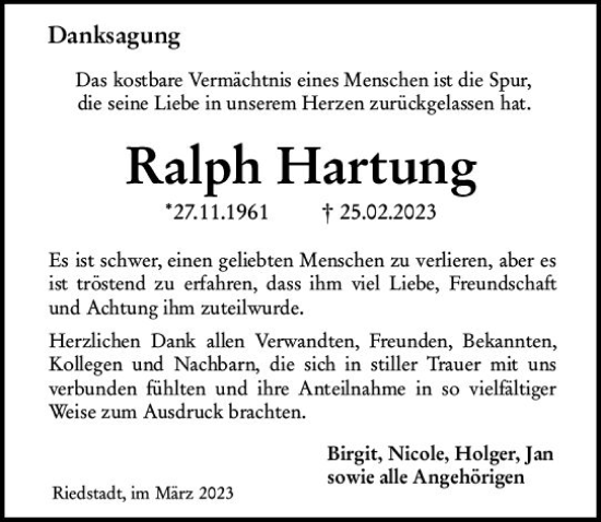 Traueranzeige von Ralph Hartung von Groß-Gerauer Echo