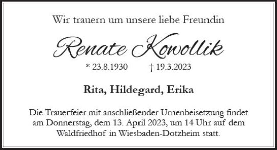 Traueranzeige von Renate Kowollik von Wiesbadener Kurier