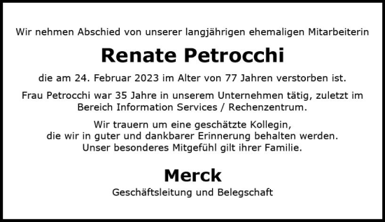 Traueranzeige von Renate Petrocchi von Darmstädter Echo