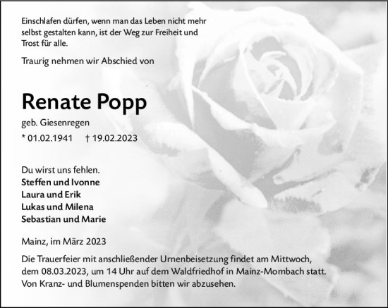 Traueranzeige von Renate Popp von Allgemeine Zeitung Mainz
