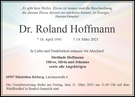 Traueranzeige von Roland Hoffmann von Nassauische Neue Presse