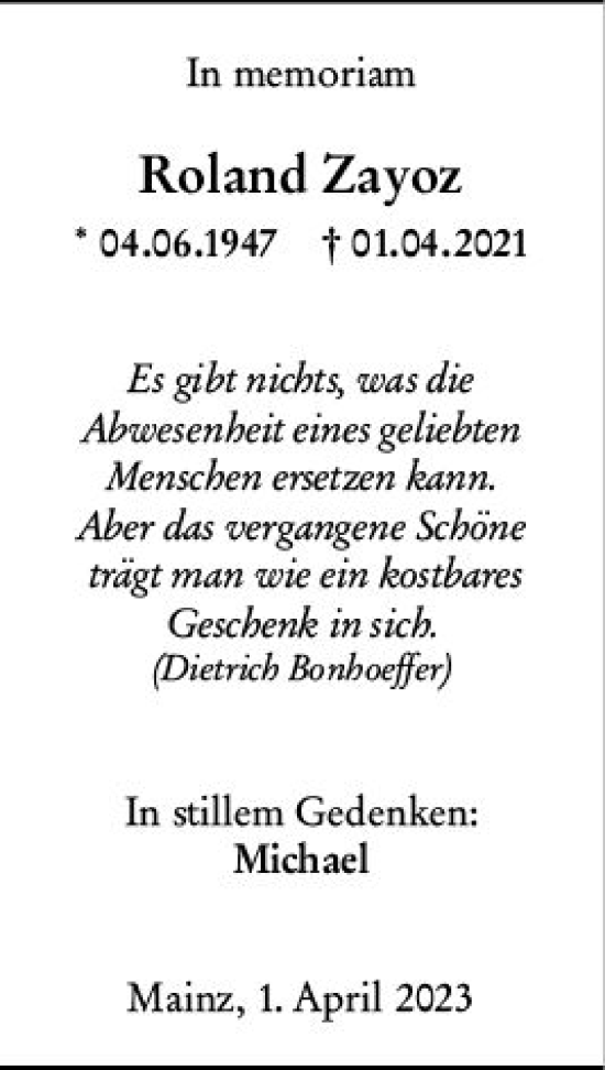 Traueranzeige von Roland Zayoz von Allgemeine Zeitung Mainz