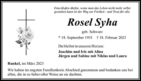 Traueranzeige von Rosel Syha von Nassauische Neue Presse