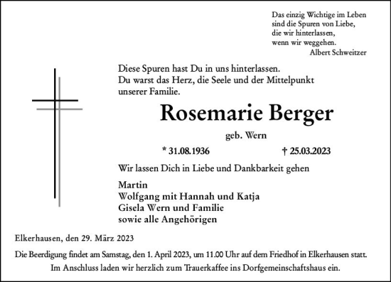 Traueranzeige von Rosemarie Berger von Weilburger Tageblatt