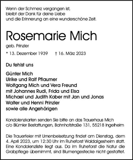 Traueranzeige von Rosemarie Mich von Allgemeine Zeitung Bingen/Ingelheim