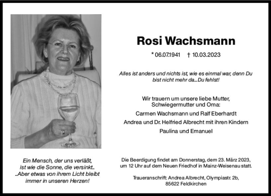 Traueranzeige von Rosi Wachsmann von Allgemeine Zeitung Mainz