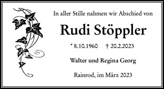 Traueranzeige von Rudi Stöppler von VRM Trauer