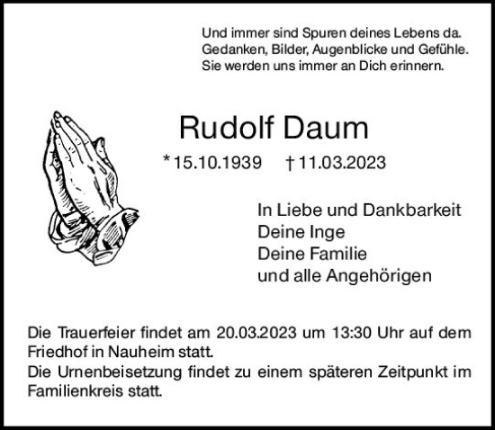Traueranzeige von Rudolf Daum von Rüsselsheimer Echo
