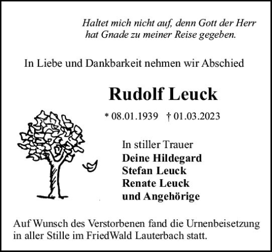 Traueranzeige von Rudolf Leuck von VRM Trauer