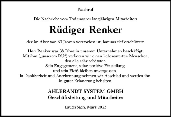 Traueranzeige von Rüdiger Renker von VRM Trauer