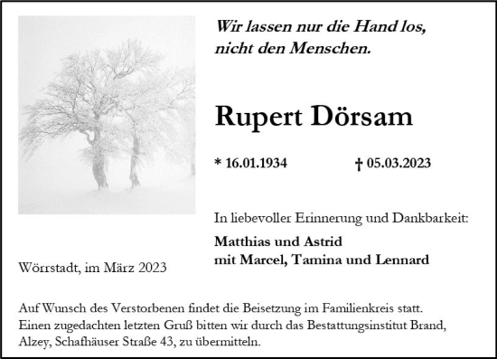 Traueranzeige von Rupert Dörsam von Allgemeine Zeitung Alzey