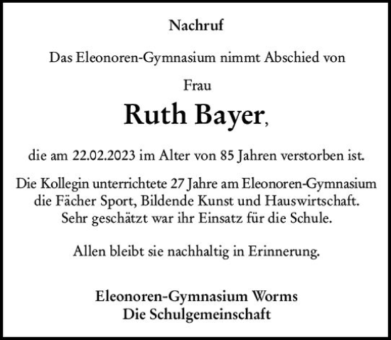 Traueranzeige von Ruth Bayer von Wormser Zeitung