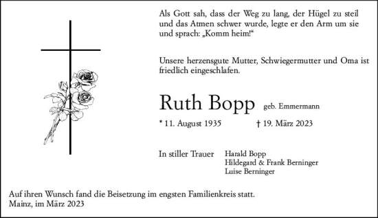 Traueranzeige von Ruth Bop von Allgemeine Zeitung Mainz