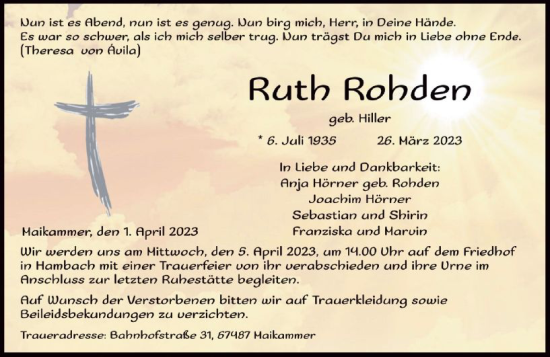 Traueranzeige von Ruth Rohden von Allgemeine Zeitung Bingen/Ingelheim