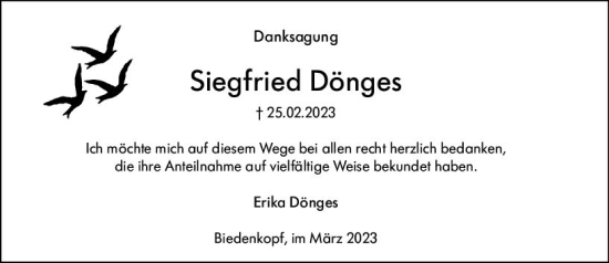 Traueranzeige von Siegfried Dönges von Hinterländer Anzeiger