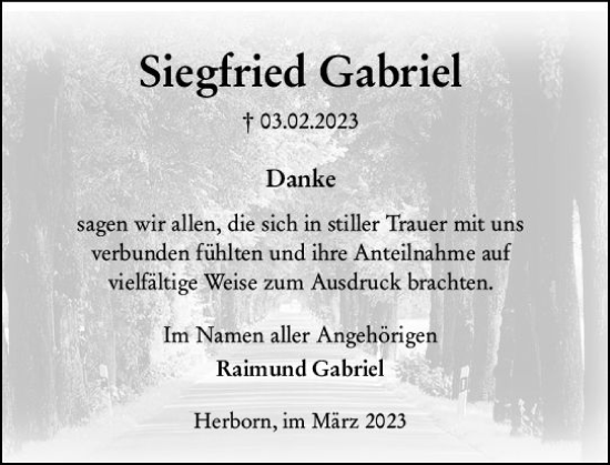 Traueranzeige von Siegfried Gabriel von Dill Block