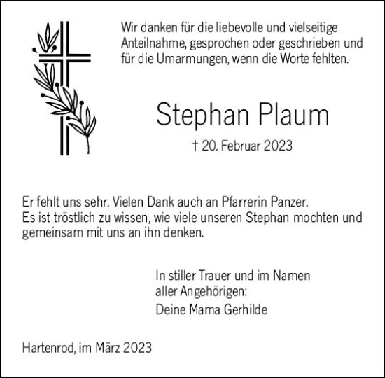 Traueranzeige von Stephan Plaum von Hinterländer Anzeiger