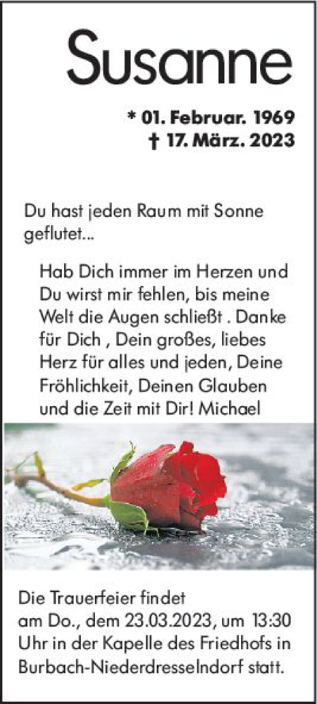 Traueranzeige von Susanne  von Dill Block