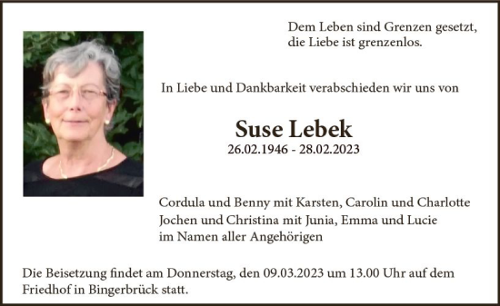 Traueranzeige von Suse Lebek von Allgemeine Zeitung Bingen/Ingelheim