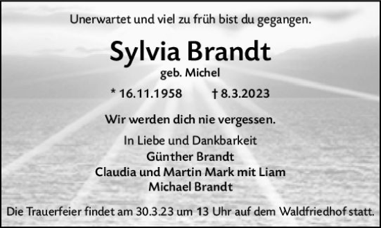 Traueranzeige von Sylvia Brandt von Darmstädter Echo