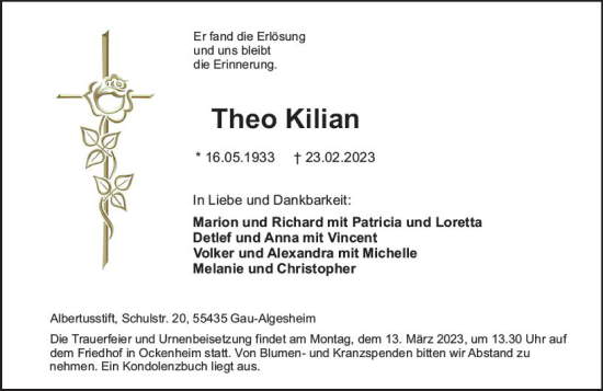 Traueranzeige von Theo Kilian von Allgemeine Zeitung Bingen/Ingelheim