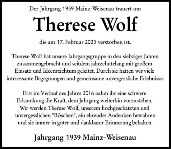 Traueranzeige von Therese Wolf von Allgemeine Zeitung Mainz