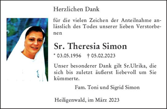 Traueranzeige von Theresia Simon von Allgemeine Zeitung Mainz