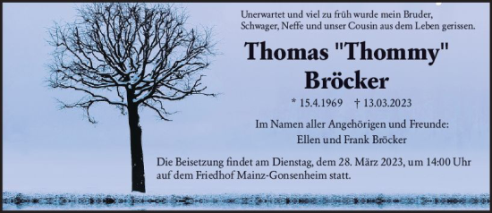 Traueranzeige von Thomas Bröcker von Allgemeine Zeitung Mainz