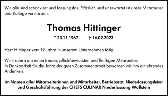 Traueranzeige von Thomas Hittinger von Alzeyer Wochenblatt