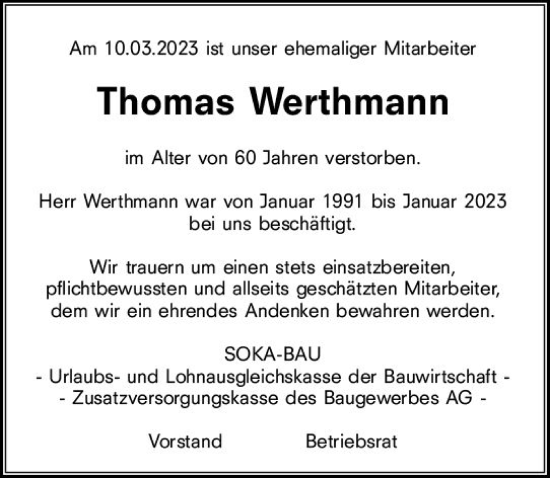 Traueranzeige von Thomas Werthmann von Wiesbadener Kurier