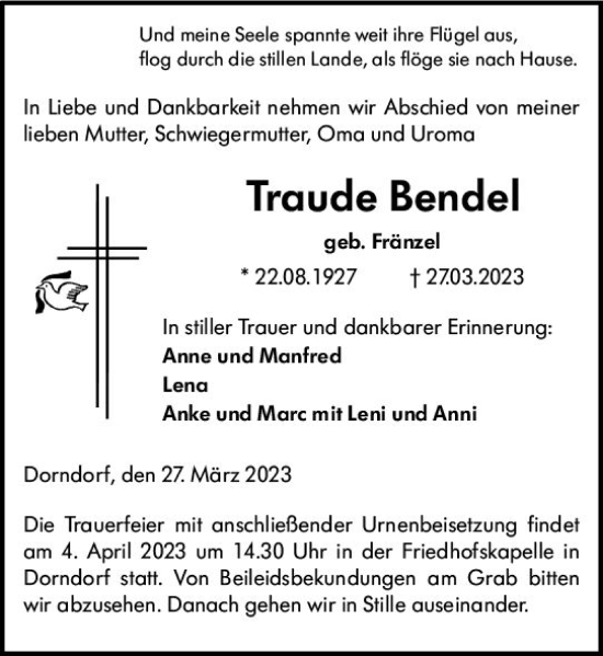 Traueranzeige von Traude Bendel von Nassauische Neue Presse
