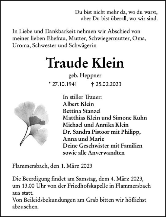 Traueranzeige von Traude Klein von Dill Block