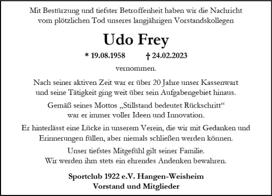 Traueranzeige von Udo Frey von Allgemeine Zeitung Alzey