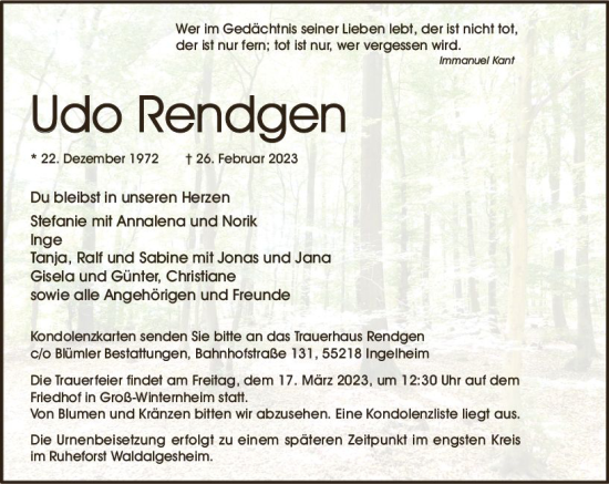 Traueranzeige von Udo Rendgen von Allgemeine Zeitung Bingen/Ingelheim