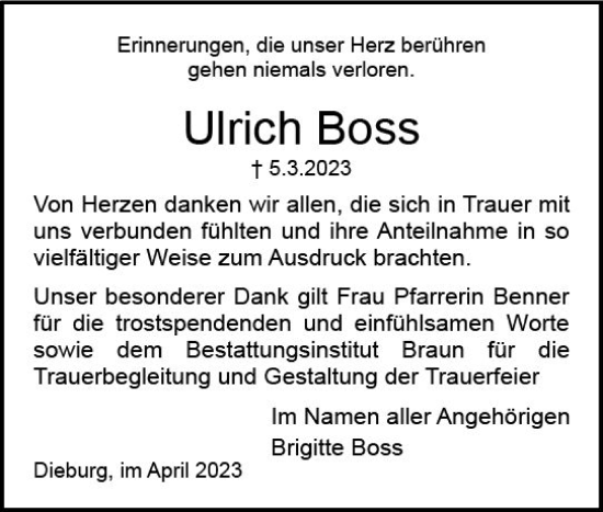Traueranzeige von Ulrich Boss von Dieburger Anzeiger/Groß-Zimmerner Lokal-Anzeiger