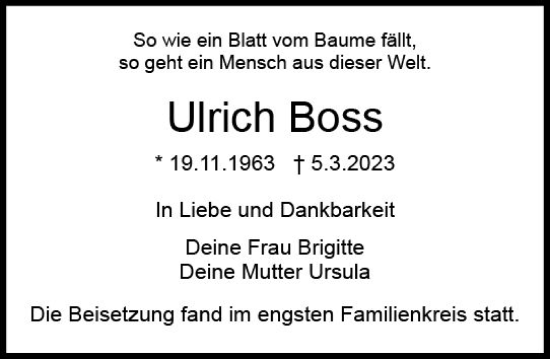 Traueranzeige von Ulrich Boss von Dieburger Anzeiger/Groß-Zimmerner Lokal-Anzeiger