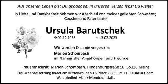 Traueranzeige von Ursula Barutschek von Allgemeine Zeitung Mainz