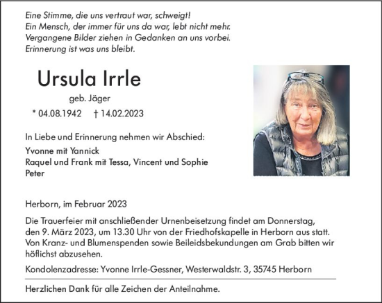 Traueranzeige von Ursula Irrle von Dill Block