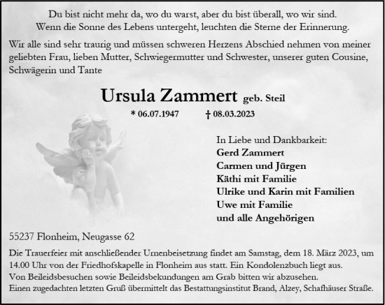Traueranzeige von Ursula Zammert von Allgemeine Zeitung Alzey