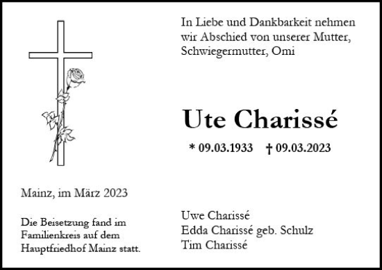 Traueranzeige von Ute Charisse von Allgemeine Zeitung Mainz