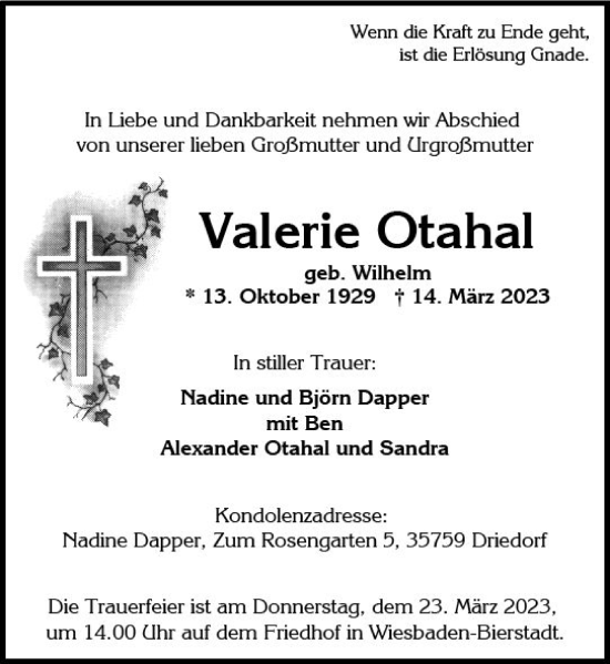 Traueranzeige von Valerie Otahal von Wiesbadener Kurier