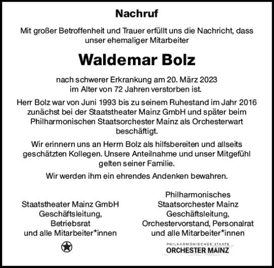 Traueranzeige von Waldemar Bolz von Allgemeine Zeitung Mainz