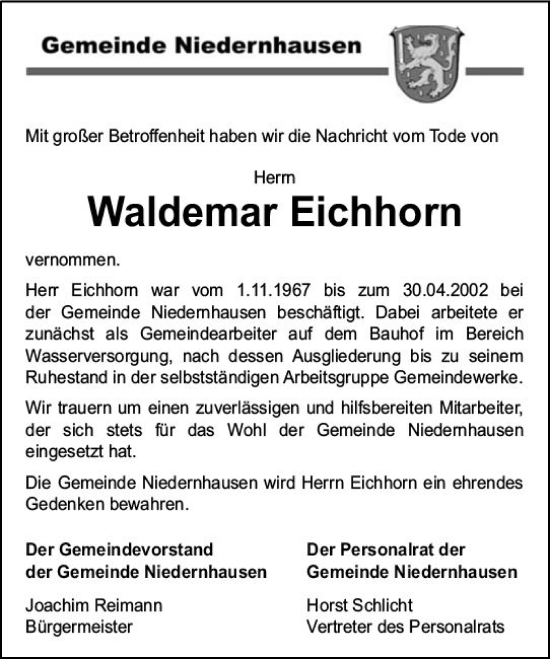 Traueranzeige von Waldemar Eichhorn von Idsteiner Land/Untertaunus
