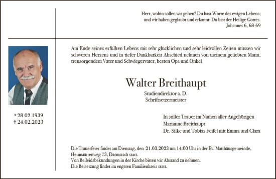 Traueranzeige von Walter Breithaupt von Darmstädter Echo