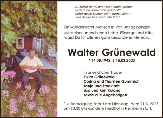 Traueranzeige von Walter Grünewald von Darmstädter Echo