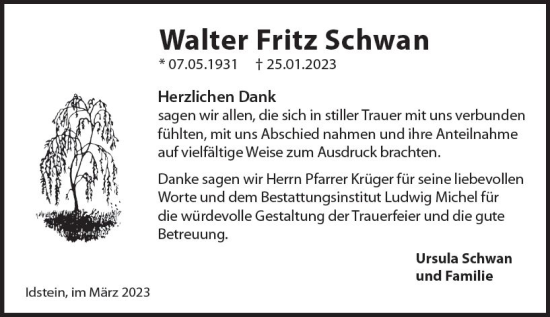 Traueranzeige von Walter Fritz Schwan von Idsteiner Land/Untertaunus